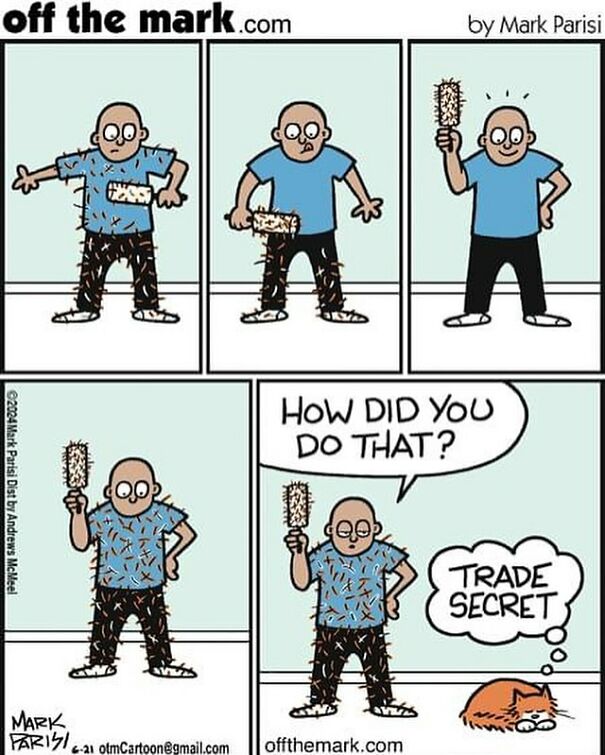 Cartoon of a man covered in cat fur using a roller, with a cat thinking "Trade Secret" nearby.