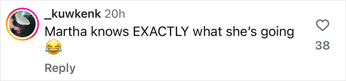 Comment mentioning Martha Stewart trolling Blue Origin astronauts with a laughing emoji. Comment mentioning Martha Stewart trolling Blue Origin astronauts with a laughing emoji.
