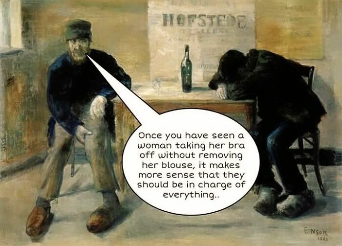 Painting art meme with two men, one making a petty comment about women, showcasing petty energy humor.