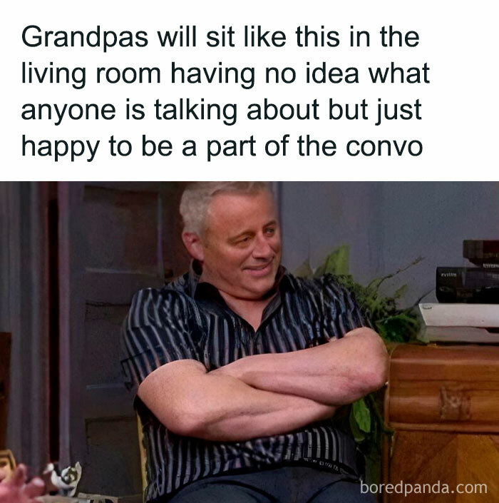 Older man sitting with arms crossed, smiling contentedly, illustrating a funny meme about being a parent and family moments.