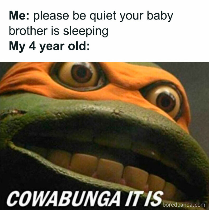 Meme of a Ninja Turtle's face with text about a child loudly waking up a sleeping baby. Keywords: joy, madness, parenthood.