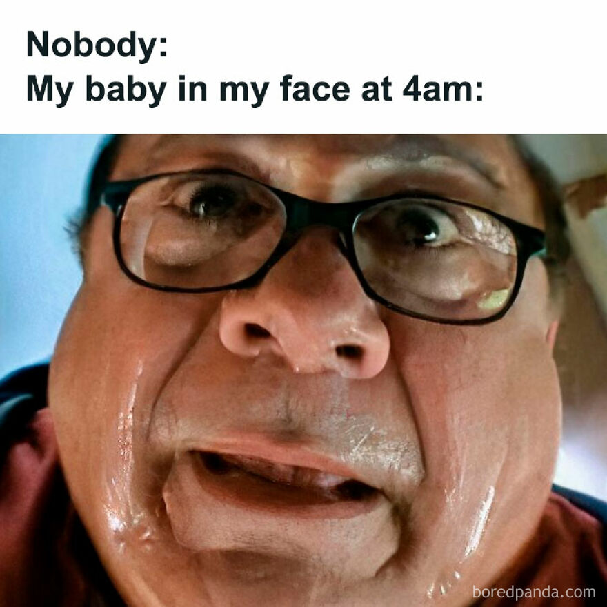 Close-up meme of a surprised person with glasses, representing the madness of parenthood at 4am.
