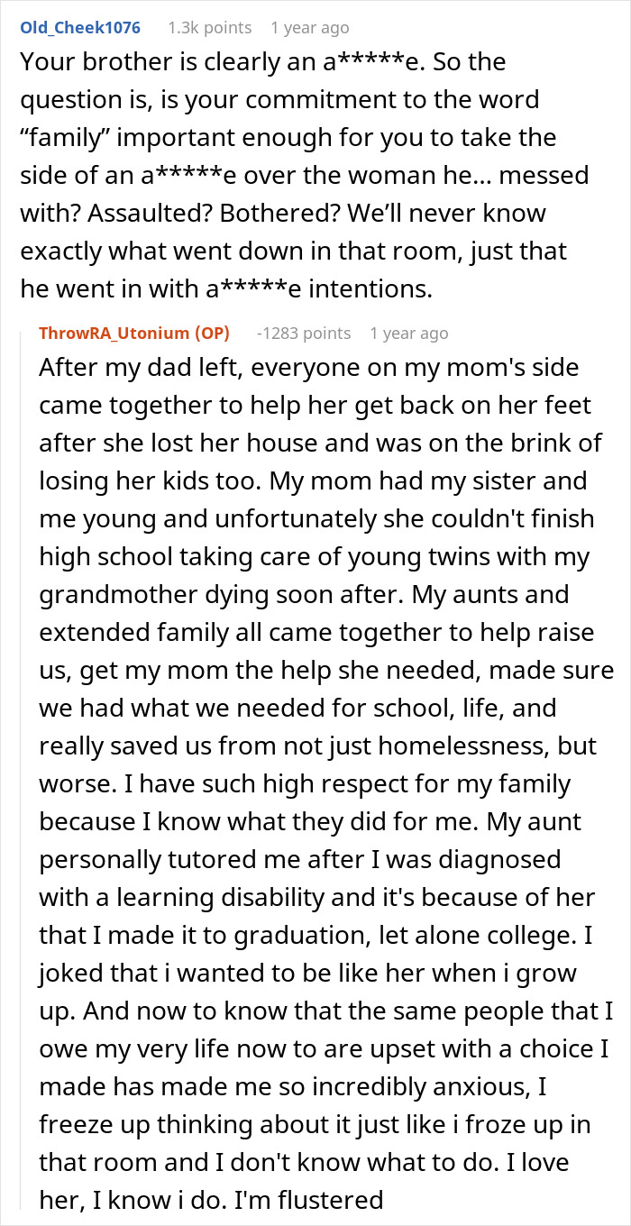 Reddit discussion about a man's family conflict over his girlfriend's response to his brother's prank. Reddit discussion about a man's family conflict over his girlfriend's response to his brother's prank.