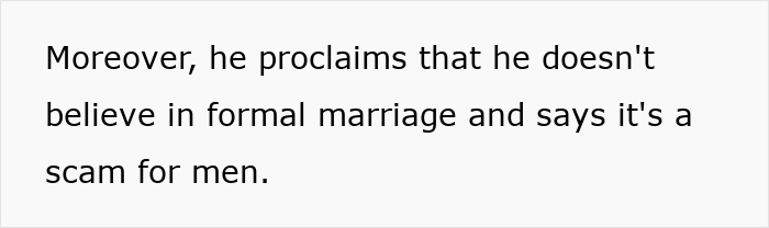 Text stating that he thinks marriage is a scam for men. Text stating that he thinks marriage is a scam for men.