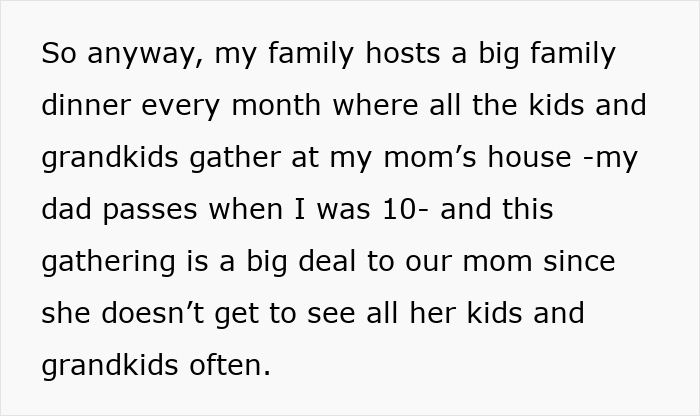 Text about a monthly family dinner gathering at mom's house. Text about a monthly family dinner gathering at mom's house.