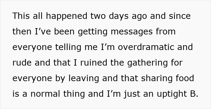 Text discussing a woman's reaction to her family touching her food, leading her to leave a gathering. Text discussing a woman's reaction to her family touching her food, leading her to leave a gathering.