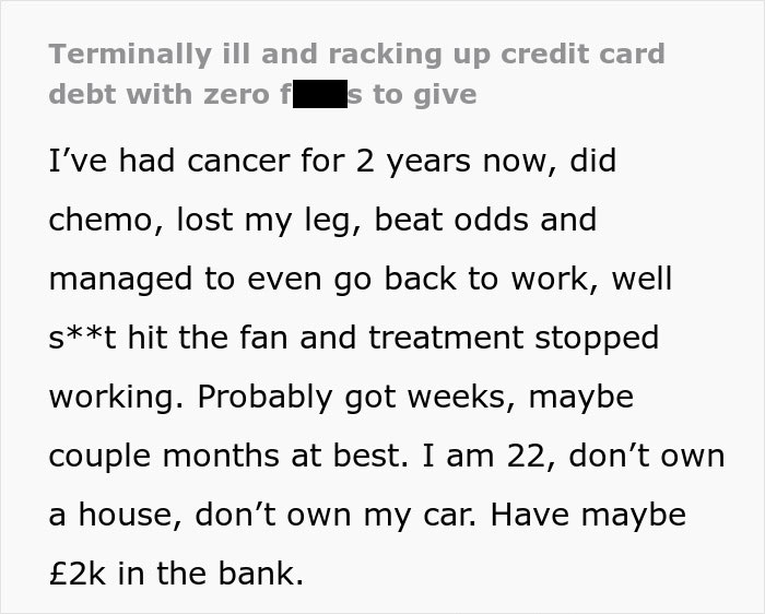 22-year-old with terminal illness discusses life and credit score, reflecting on limited time left. 22-year-old with terminal illness discusses life and credit score, reflecting on limited time left.