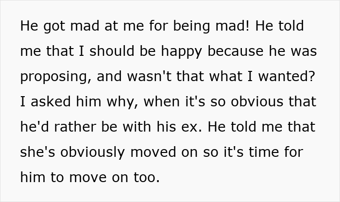 Text expressing upset feelings about ex-girlfriend's impact on marriage proposal discussion. Text expressing upset feelings about ex-girlfriend's impact on marriage proposal discussion.