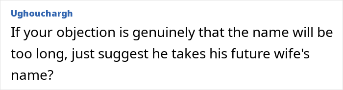 Comment discussing hyphenated last name suggestion in marriage debate. Comment discussing hyphenated last name suggestion in marriage debate.