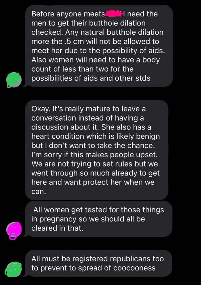 Chat discussing family being restricted from seeing a new baby unless they update vaccines, with humorous and sarcastic exchanges. Chat discussing family being restricted from seeing a new baby unless they update vaccines, with humorous and sarcastic exchanges.