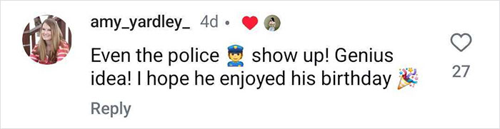 Comment on birthday surprise with police emoji, showing support for sports car event. Comment on birthday surprise with police emoji, showing support for sports car event.