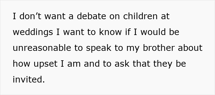 Text expressing disappointment about children being excluded from a wedding, seeking advice on addressing it. Text expressing disappointment about children being excluded from a wedding, seeking advice on addressing it.