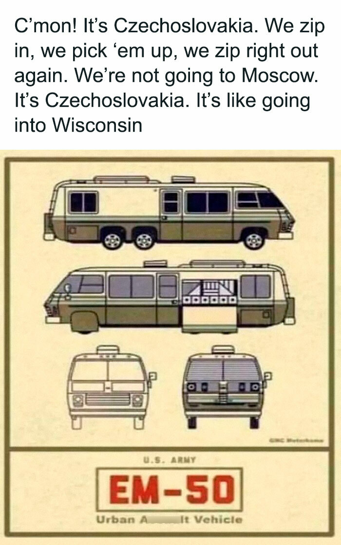 Diagram of the EM-50 urban a*****t vehicle, evoking nostalgia with a humorous Czechoslovakia quote.