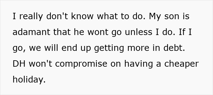 Text expressing concern about mortgage and expensive holiday decision. Text expressing concern about mortgage and expensive holiday decision.