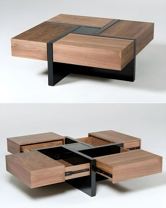 Modern woodworking project featuring a stylish coffee table with drawers and black metal accents, showcasing impressive craftsmanship.