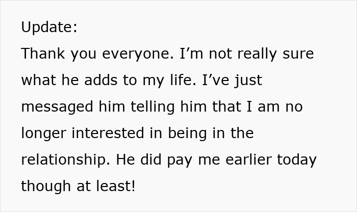 Alt text: Text message update about girlfriend tired of paying for boyfriend while he splurges on female colleagues and blame game. Alt text: Text message update about girlfriend tired of paying for boyfriend while he splurges on female colleagues and blame game.