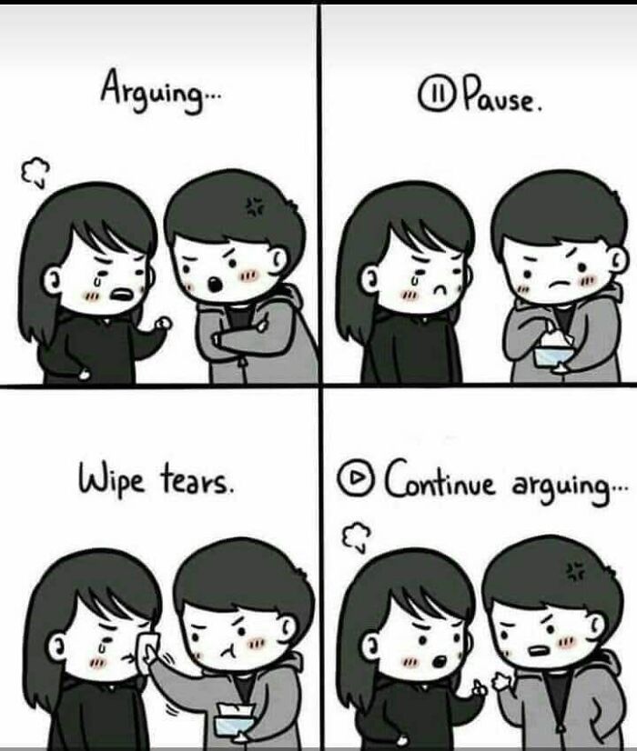 Cartoon showing a couple arguing, pausing with tissues, then continuing the argument, illustrating funny dad joke humor.
