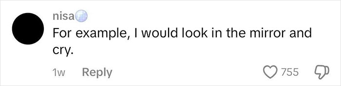 Social media comment on botched nose job video, stating: "For example, I would look in the mirror and cry. Social media comment on botched nose job video, stating: "For example, I would look in the mirror and cry.