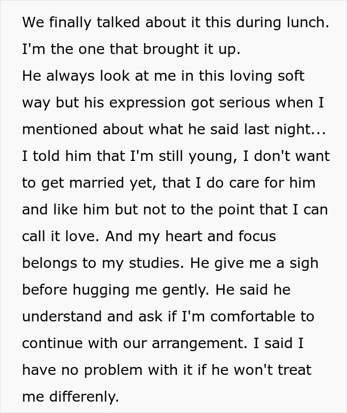 Text detailing a sugar daddy's marriage proposal and a woman's hesitance due to her focus on studies. Text detailing a sugar daddy's marriage proposal and a woman's hesitance due to her focus on studies.