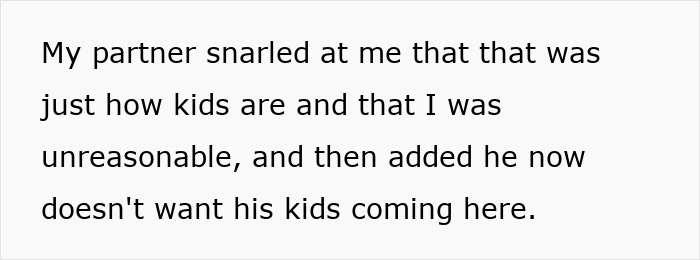 Stepmom upset as partner criticizes her reaction to messy stepkids, deciding they shouldn't visit her place anymore. Stepmom upset as partner criticizes her reaction to messy stepkids, deciding they shouldn't visit her place anymore.