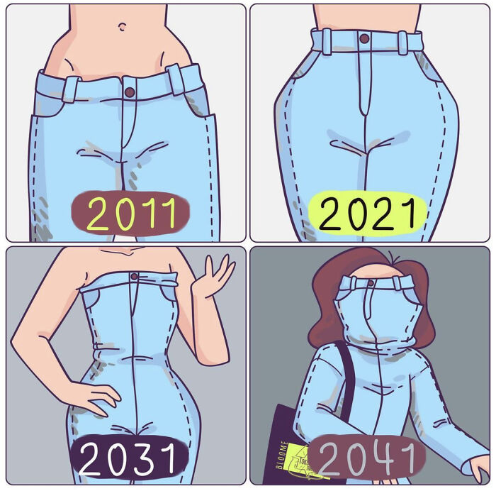 Comic by Bored Panda artist showing fashion evolution through jeans from 2011 to 2041.