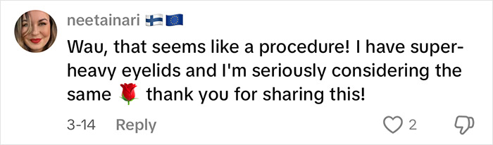 Comment about eyelid surgery from a user with flags in their profile picture and floral emoji. Comment about eyelid surgery from a user with flags in their profile picture and floral emoji.