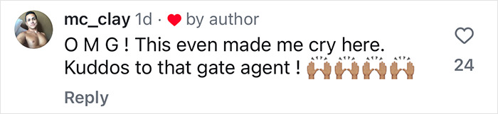 Comment praising a dope airlines worker for an emotional speech during an 8-hour delay, with applause emojis. Comment praising a dope airlines worker for an emotional speech during an 8-hour delay, with applause emojis.