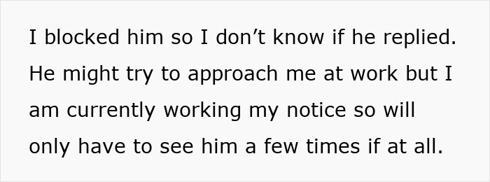 Text excerpt about blocking boyfriend and dealing with work notice, reflecting GF sick of paying for BF splurging on female colleagues. Text excerpt about blocking boyfriend and dealing with work notice, reflecting GF sick of paying for BF splurging on female colleagues.