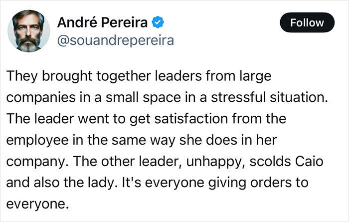 Tweet from André Pereira discussing a stressful leadership situation with leaders and employees in a small space. Tweet from André Pereira discussing a stressful leadership situation with leaders and employees in a small space.