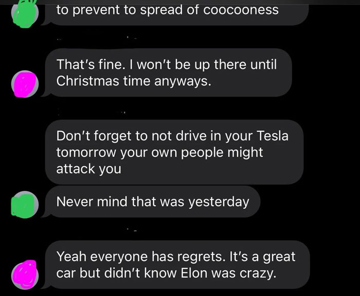 Text conversation about car and Tesla, with humorous remarks about regrets and Elon. Text conversation about car and Tesla, with humorous remarks about regrets and Elon.
