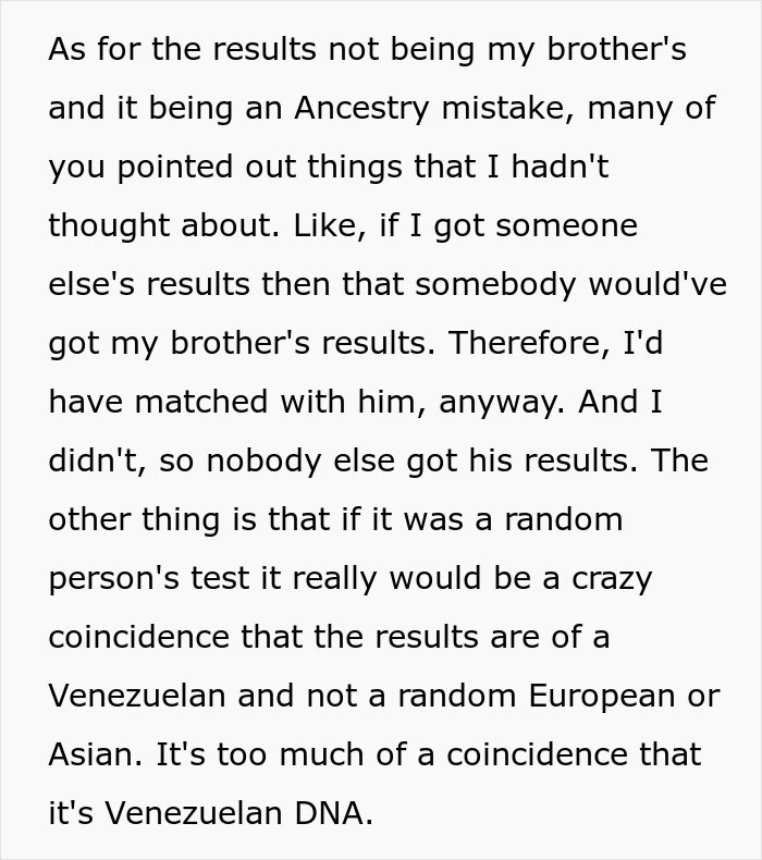 Text discusses family DNA results, possible ancestry mistakes, and Venezuelan lineage, highlighting the woman's shock. Text discusses family DNA results, possible ancestry mistakes, and Venezuelan lineage, highlighting the woman's shock.