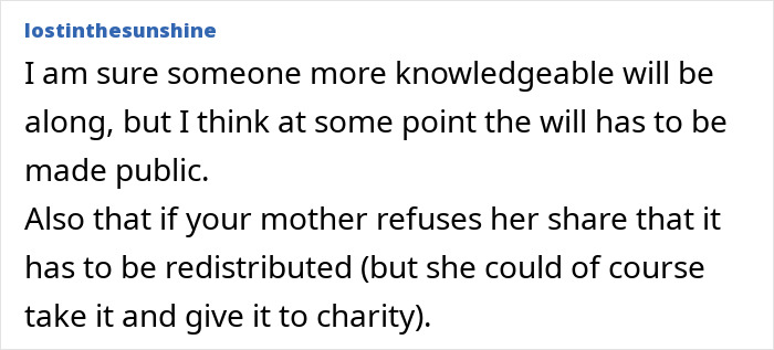 Comment on inheritance, discussing public will and redistributing a share if refused, with charity as an option. Comment on inheritance, discussing public will and redistributing a share if refused, with charity as an option.