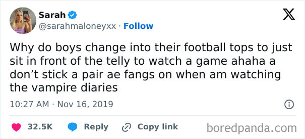 Scottish humor tweet about boys wearing football tops while watching games, comparing it to watching Vampire Diaries.
