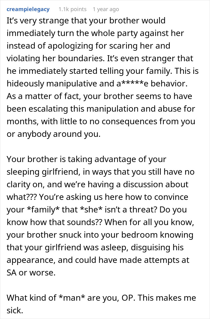 Comment defending a girlfriend against a family's backlash after a brother's prank. Comment defending a girlfriend against a family's backlash after a brother's prank.