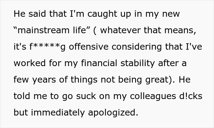 Text excerpt discussing a woman's financial stability and her boyfriend's offensive remarks. Text excerpt discussing a woman's financial stability and her boyfriend's offensive remarks.