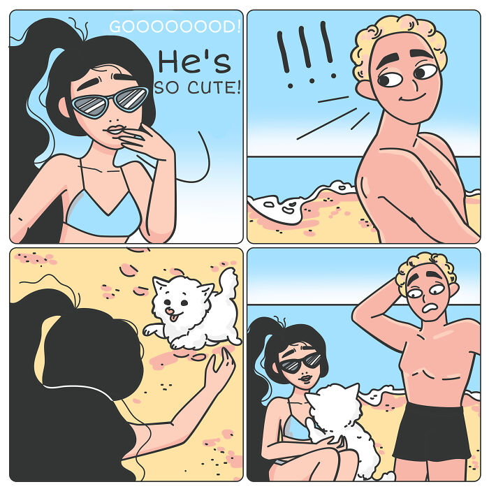 Comic strip by Bored Panda artists, a woman reacts to a cute dog on the beach while a man is surprised.