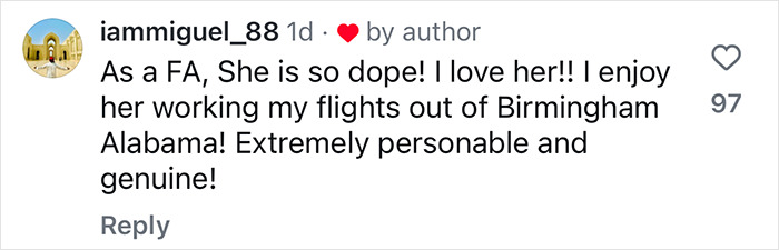 Comment praising a personable and genuine airlines worker in Birmingham, Alabama, described as "dope" and loved by customers. Comment praising a personable and genuine airlines worker in Birmingham, Alabama, described as "dope" and loved by customers.