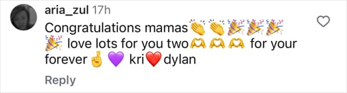 Comment congratulating lovebirds Kristen and Dylan, with emojis like clapping hands, party poppers, and hearts. Comment congratulating lovebirds Kristen and Dylan, with emojis like clapping hands, party poppers, and hearts.