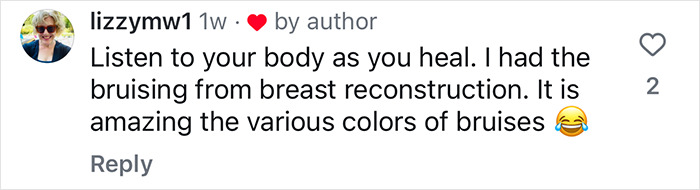 Instagram comment about healing after breast reconstruction, highlighting bruise colors. Instagram comment about healing after breast reconstruction, highlighting bruise colors.