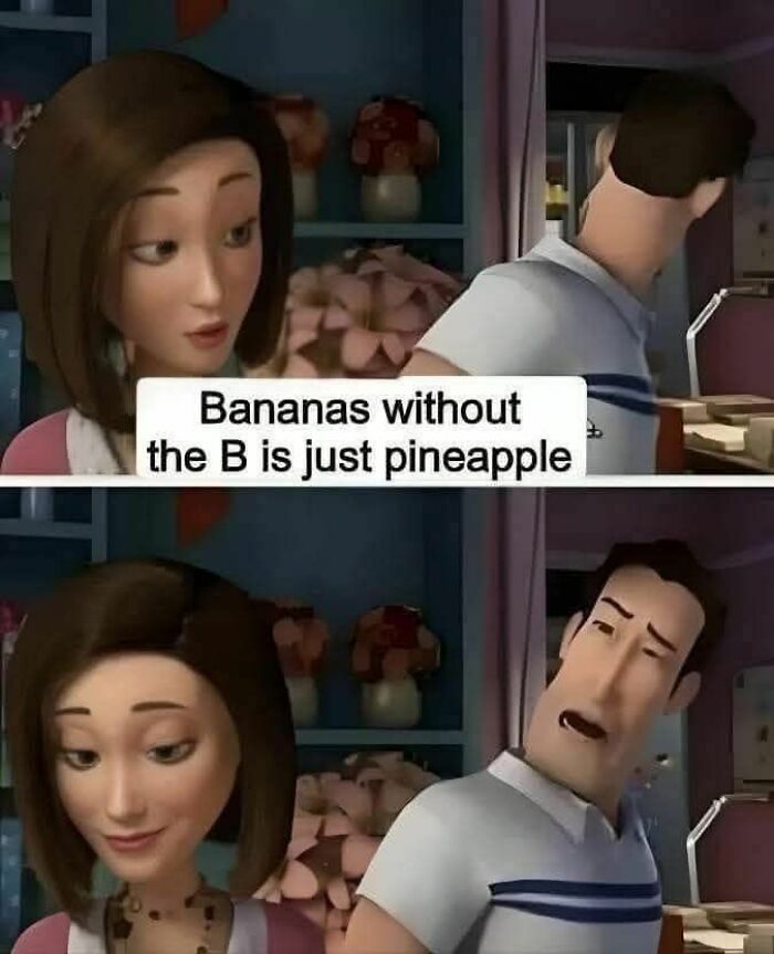 Animated characters sharing a funny dad joke about bananas and pineapple in a humorous dad joke post from Facebook group.