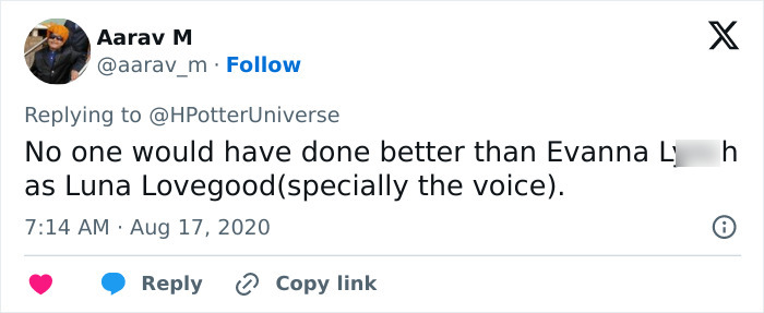 Tweet praising Evanna Lynch's performance as Luna Lovegood, in context of Harry Potter star's recent silence break. Tweet praising Evanna Lynch's performance as Luna Lovegood, in context of Harry Potter star's recent silence break.