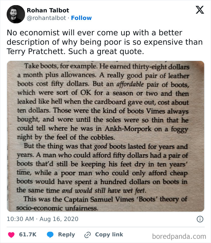 Quote about socio-economic unfairness from Terry Pratchett, highlighting struggles of living in capitalism.