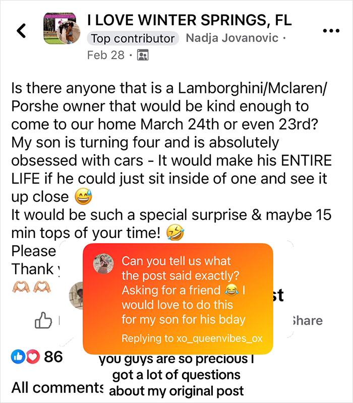 Mom asks local sports car lovers to surprise son for birthday on Facebook. Mom asks local sports car lovers to surprise son for birthday on Facebook.