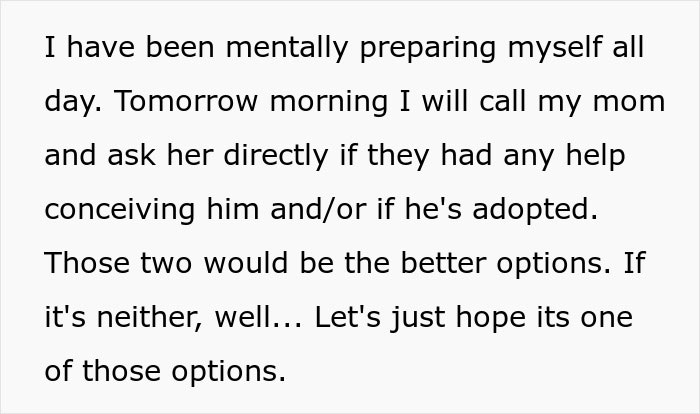 Text discussing preparations for a conversation about family DNA results, contemplating adoption or assisted conception. Text discussing preparations for a conversation about family DNA results, contemplating adoption or assisted conception.