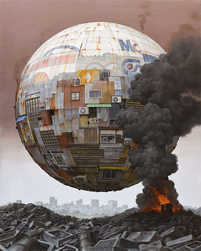 Surreal floating sphere composed of post-apocalyptic urban city buildings emitting smoke over a ruined landscape.