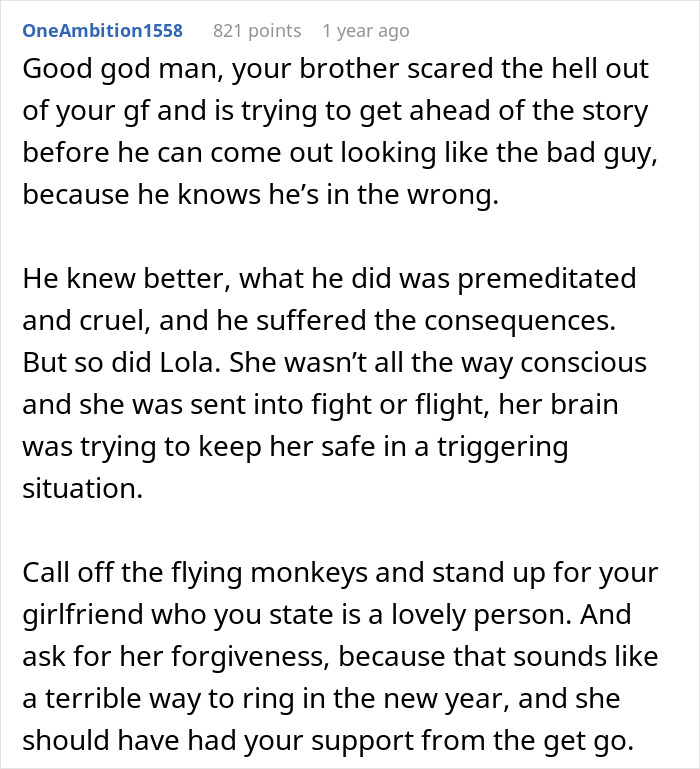 Reddit comment discusses family wanting man to break up due to prank on girlfriend. Reddit comment discusses family wanting man to break up due to prank on girlfriend.