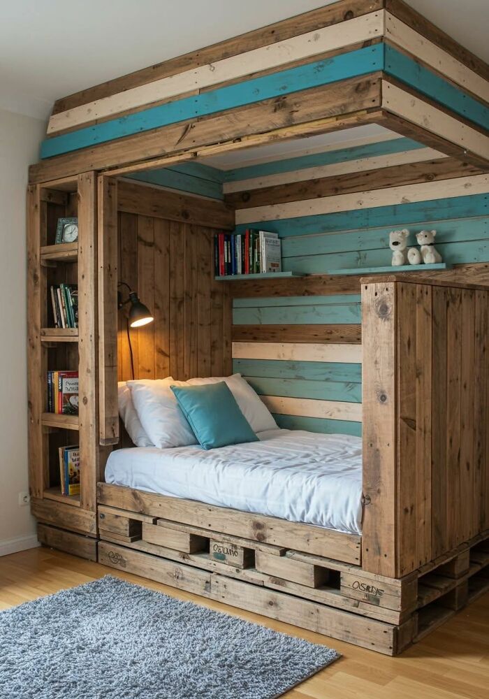 Wooden loft bed with built-in shelves and blue accent panels showcasing impressive woodworking projects in a cozy bedroom.