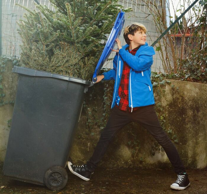A person humorously places a Christmas tree in a bin outside, showcasing a playful moment.