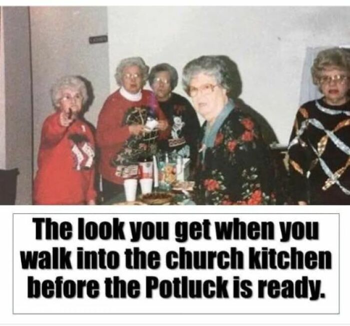 Group of elderly women giving disapproving looks in a church kitchen, humorous dad joke post from Facebook group collection.