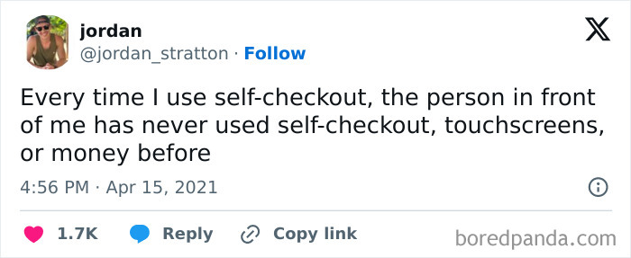 Tweet about self-checkout experiences, highlighting everyday humor in technology use.